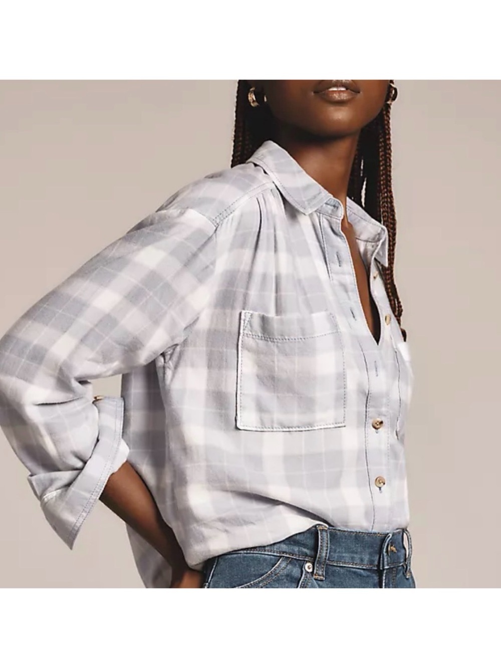 Pilcro Hadley Relaxed Plaid Buttondown Shirt Light Blue Flannel Size M